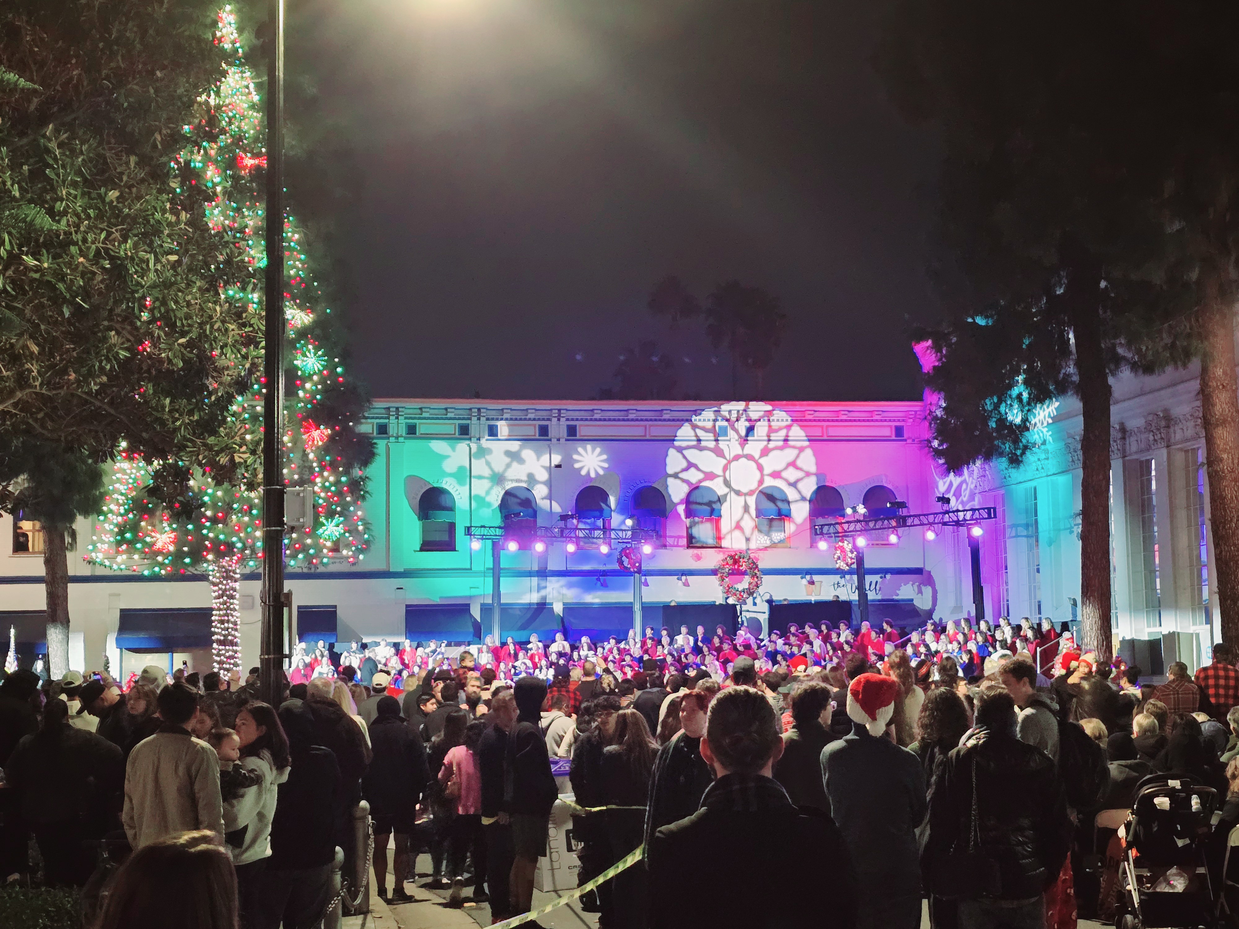 Old Town Orange Plaza lit for the holidays at night